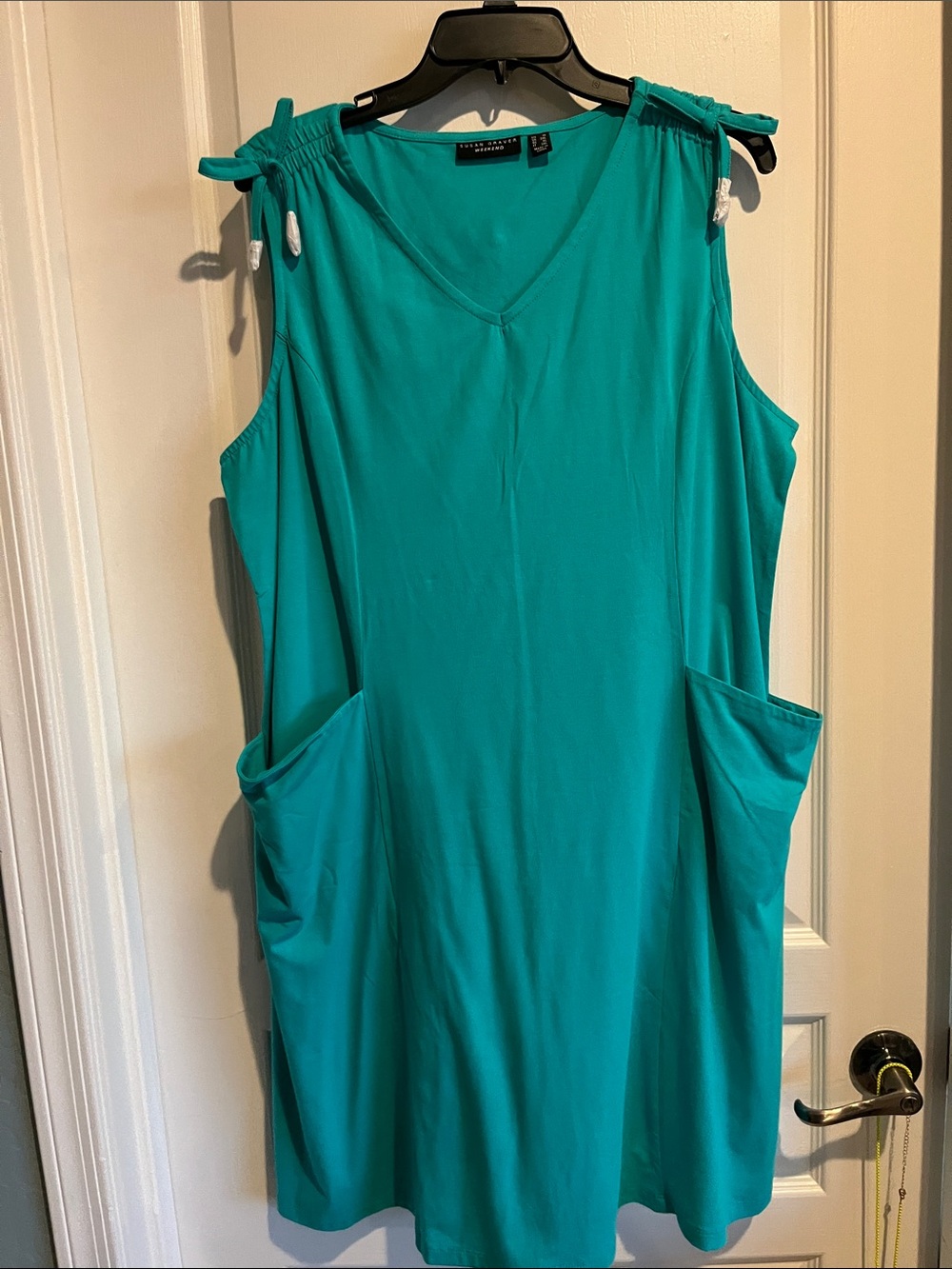 Susan Graver Teal V-Neck Midi Dress with Tie Shoulders